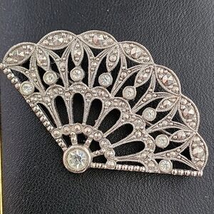 Vintage Avon Fan Brooch Pin Silver Tone Marcasite Clear Rhinestones Art Deco